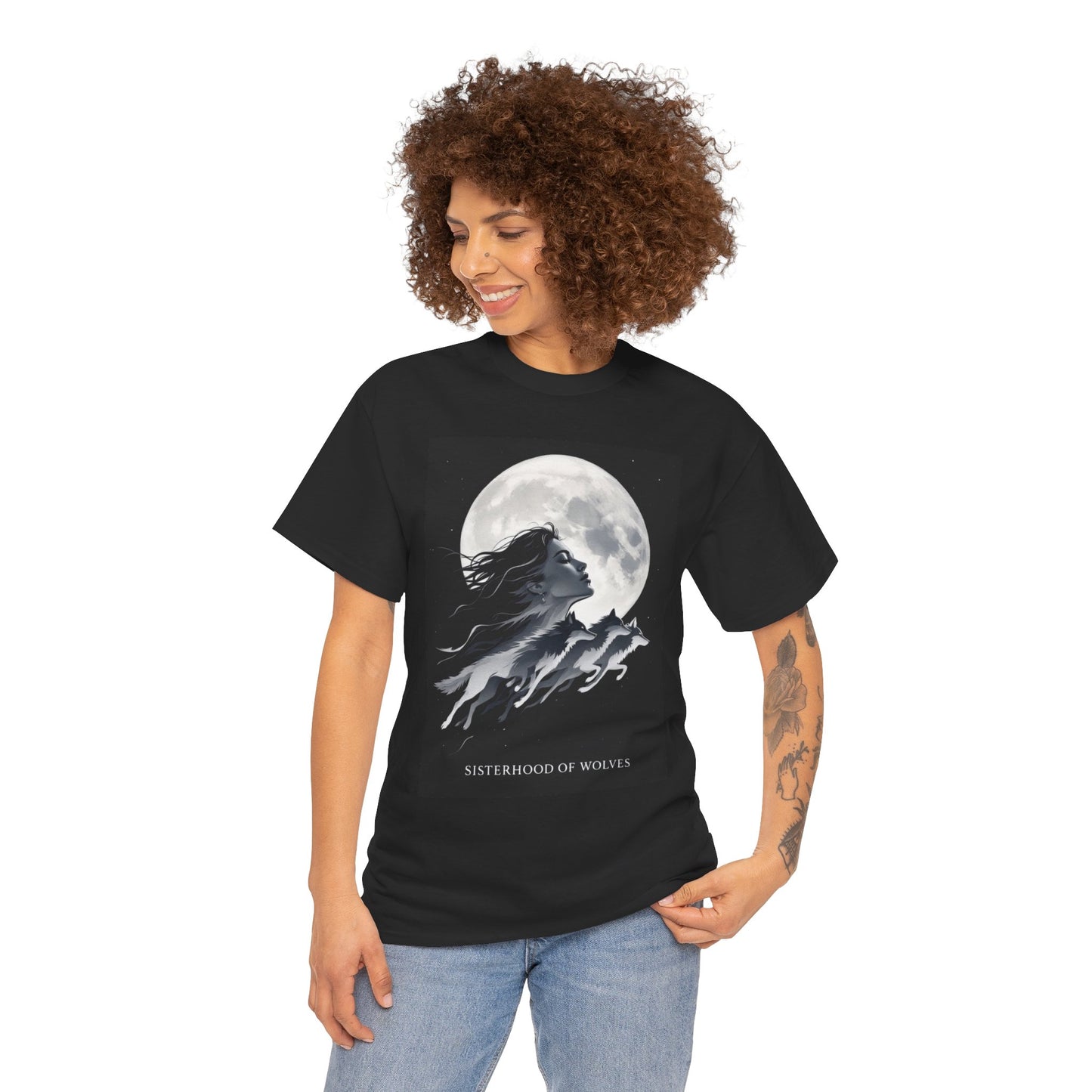 Sisterhood of Wolves Tee, Heavy Cotton T-shirt with Mystical Moon Design