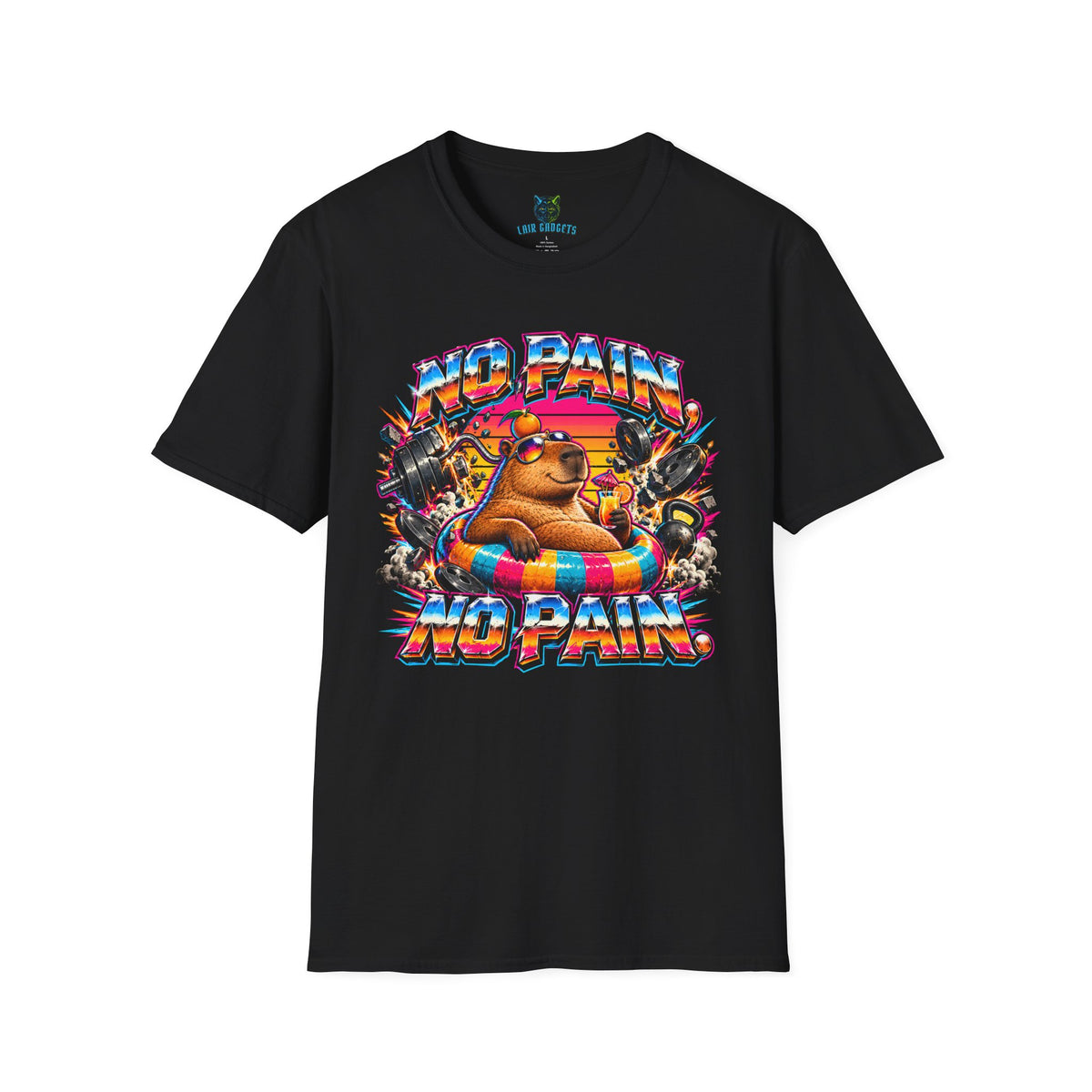 Black tee with a relaxed capybara in a pool ring surrounded by exploding gym weights between the words No Pain, No Pain
