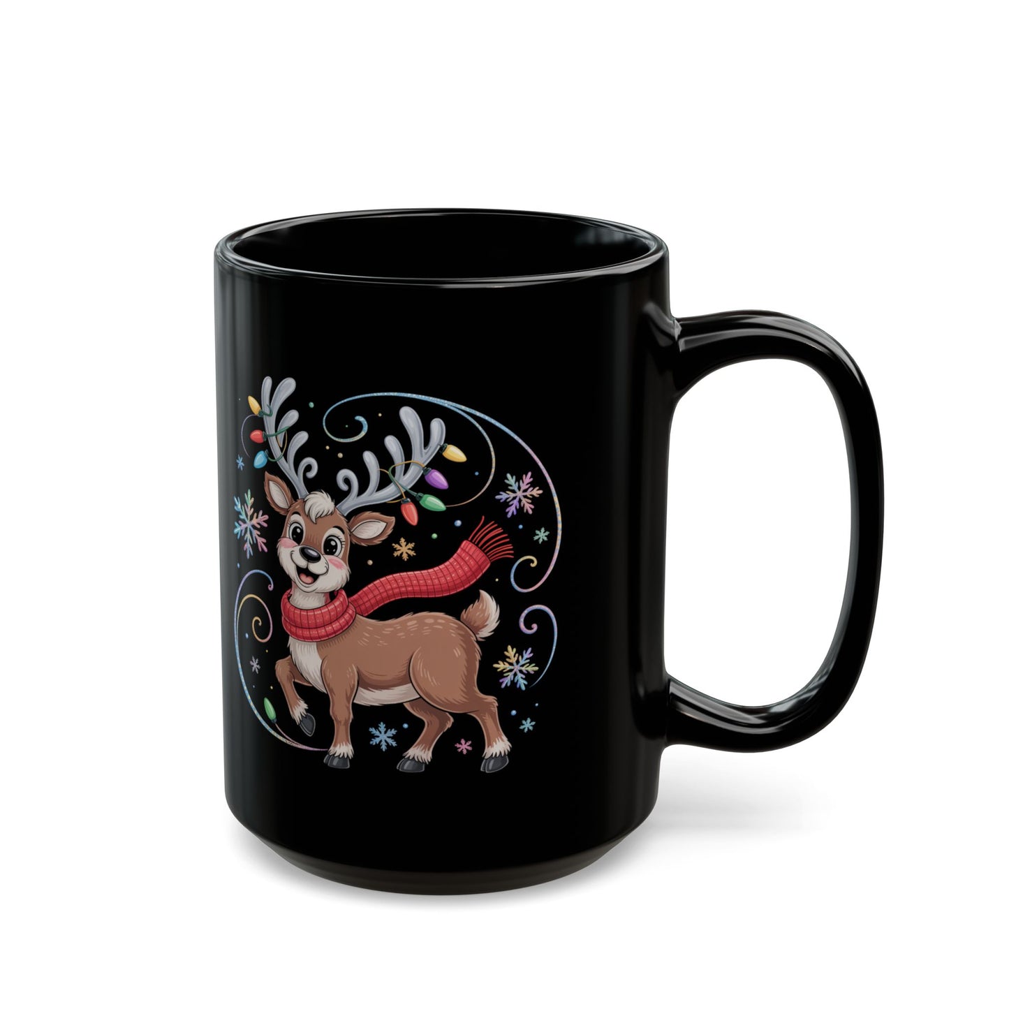 Festive Reindeer Mug by Lair Gadgets – 15 oz Black Ceramic Coffee Cup with Holiday Lights and Red Scarf Design