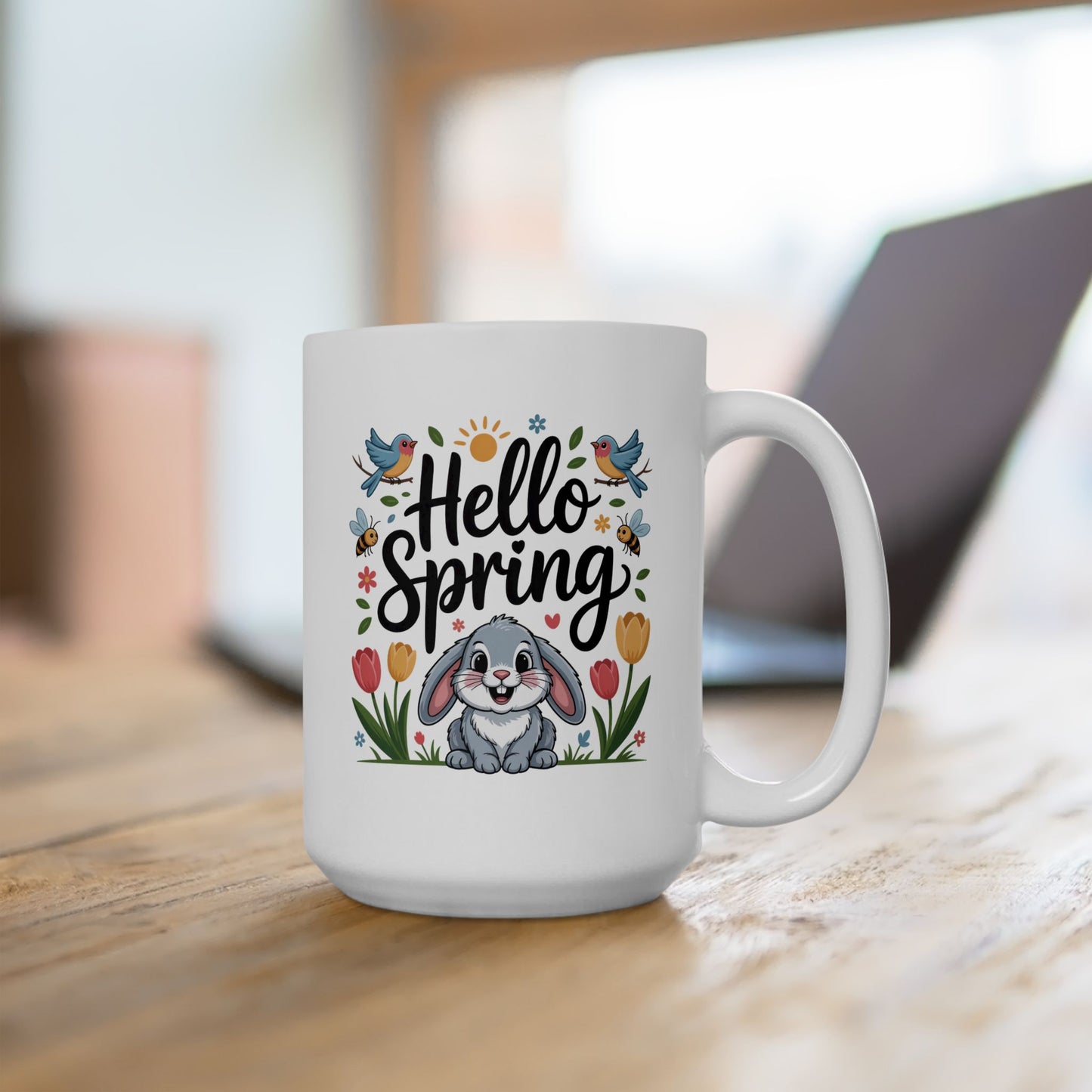 Spring Coffee Mug with Bunny and Garden Birds Design, White Ceramic 15 oz Mug, Easter and Seasonal Drinkware by Lair Gadgets