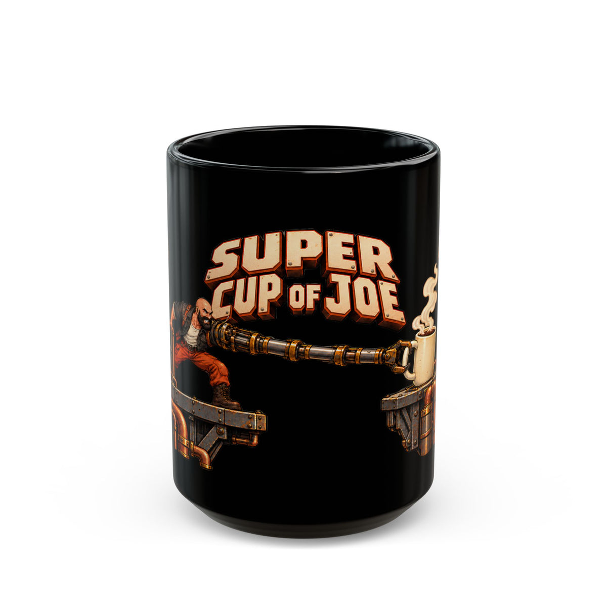 Super Cup of Joe retro gaming coffee mug, 15oz black, pixel-art commando reaching for a steaming cup of coffee