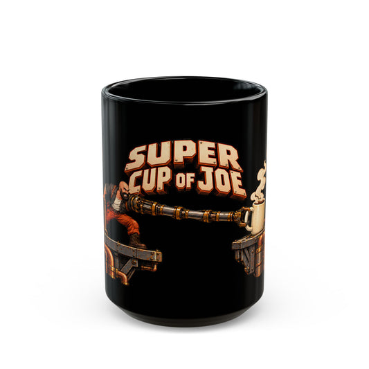 Super Cup of Joe retro gaming coffee mug, 15oz black, pixel-art commando reaching for a steaming cup of coffee