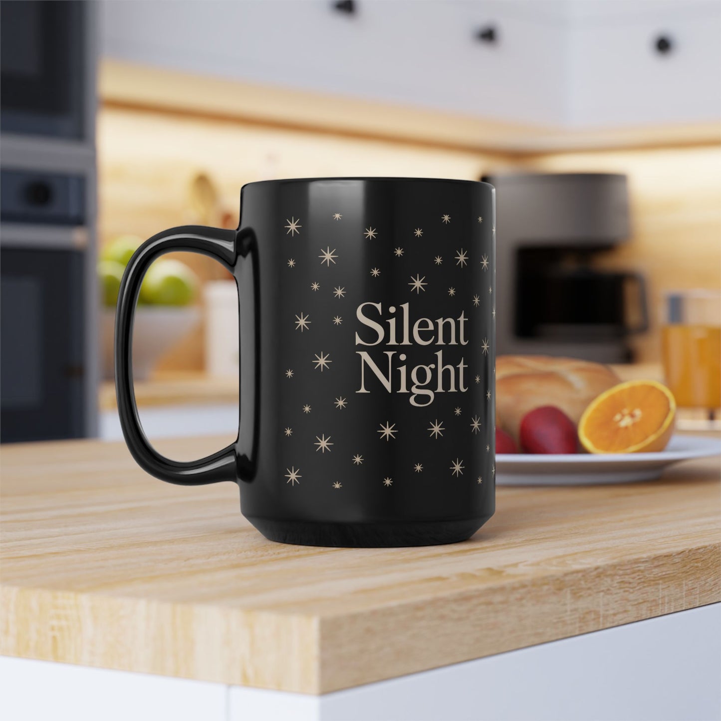 Silent Night Black Mug - Cozy Holiday Drinkware, Perfect Gift for Christmas, Coffee Lovers, Tea Enthusiasts, Starry Night Decor