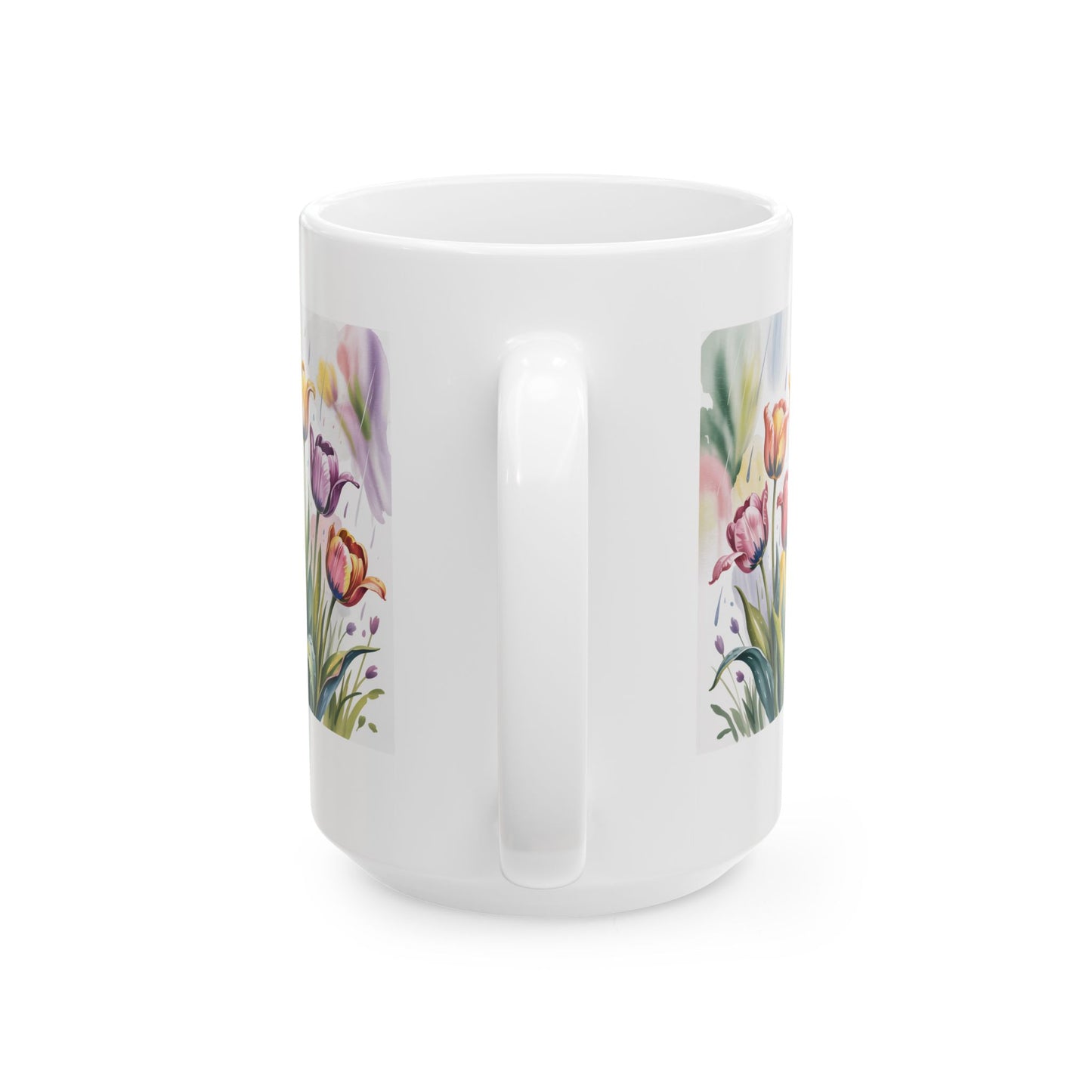 Floral Coffee Mug with Watercolor Tulip Design, Painterly Flower Artwork, 15 oz White Ceramic Mug for Home or Office Use — by Lair Gadgets