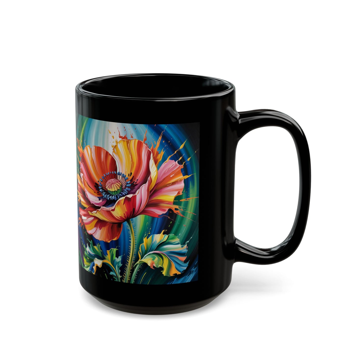Bold Artistic Floral Coffee Mug 15oz Colorful Poppy Design by Lair Gadgets Black Mug (15oz)
