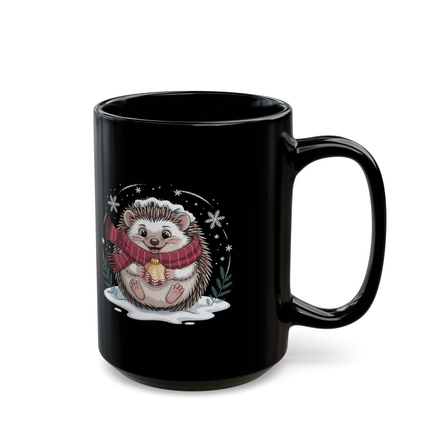 Cozy Glow Hedgehog Mug by Lair Gadgets – 15 oz Black Ceramic Coffee Cup with Festive Winter Hedgehog Design