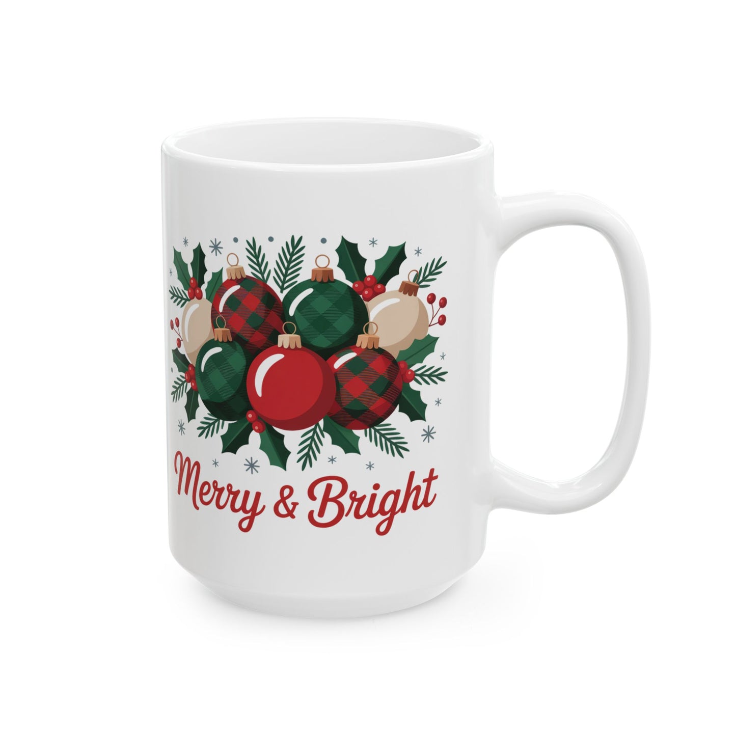 Merry & Bright Holiday Mug by Lair Gadgets – 15 oz White Ceramic Coffee Cup with Christmas Ornament and Holly Design