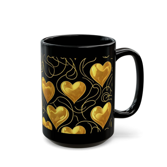 Black Coffee Mug with Gold Heart Pattern 15oz- Score 91