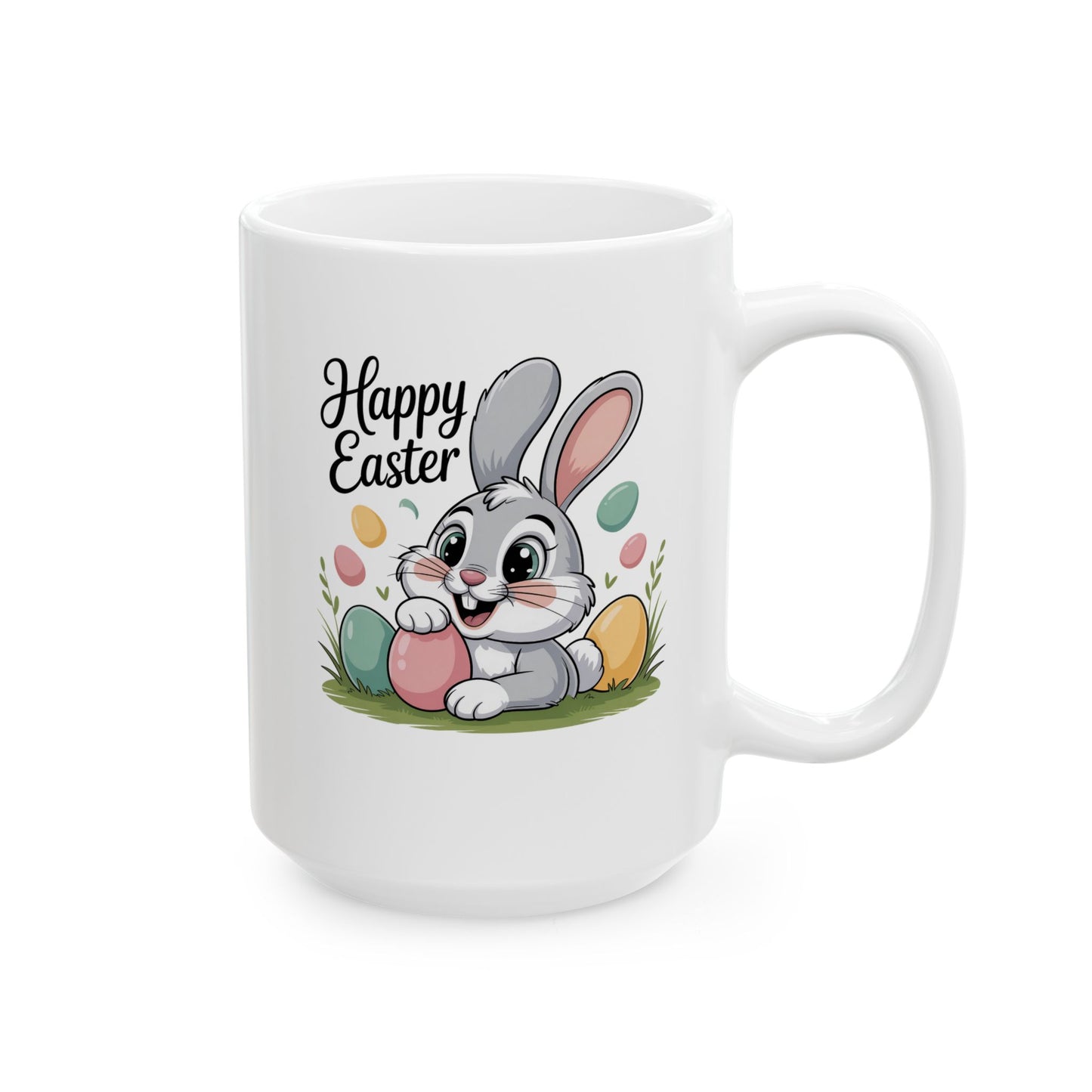 Easter Bunny & Eggs Ceramic Mug — "Happy Easter" Spring Coffee Cup (11oz/15oz)