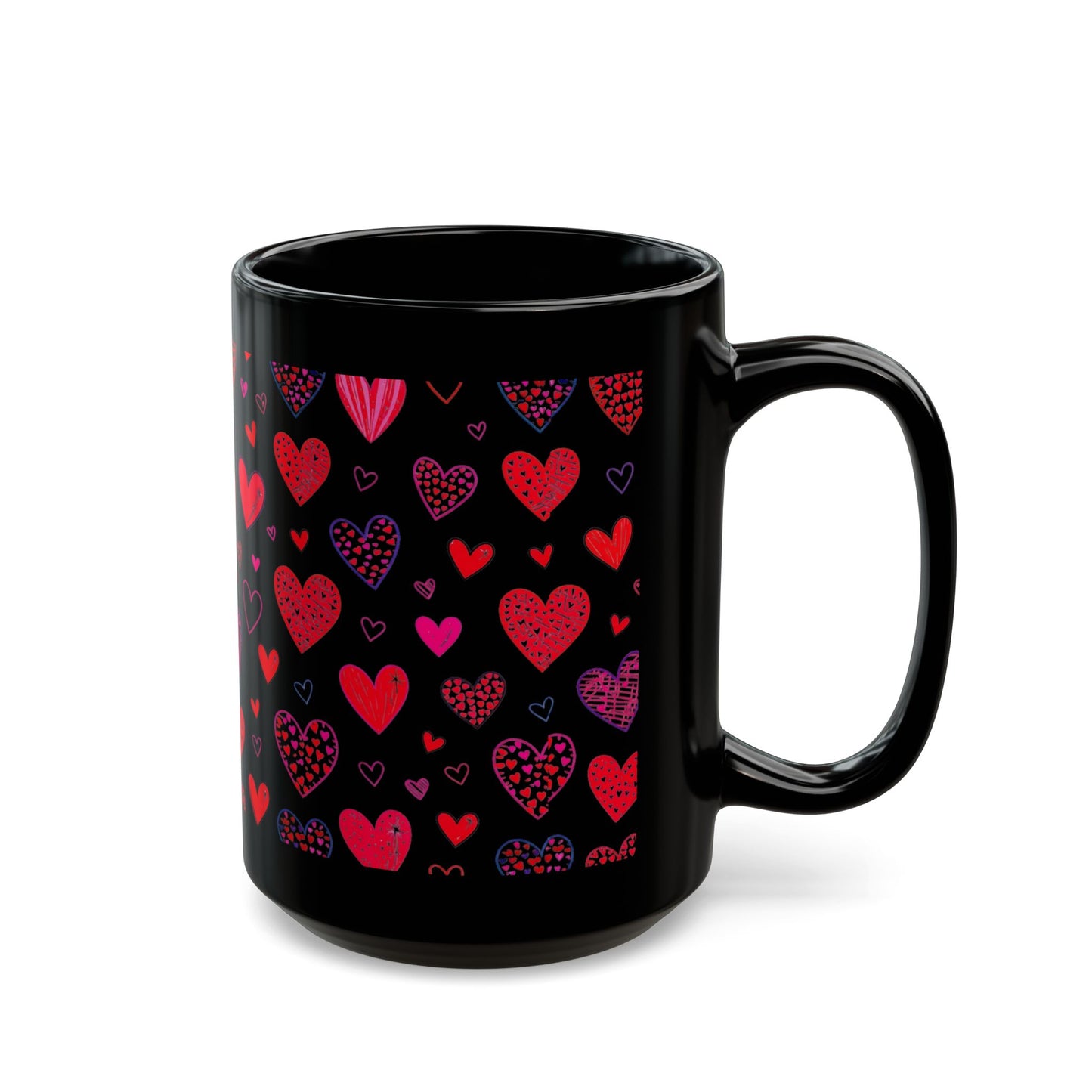 Heart Pattern Coffee Mug – Red and Pink Love Design on Black 15oz Ceramic Cup by Lair Gadgets Black Mug (15oz)