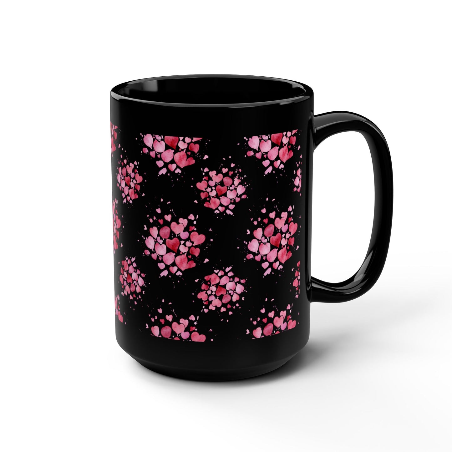 15oz Black Mug — Pink Heart Cluster Pattern -Score 85