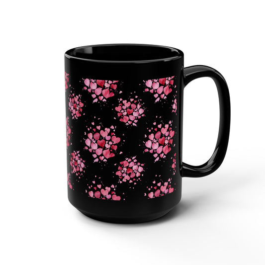 15oz Black Mug — Pink Heart Cluster Pattern -Score 85