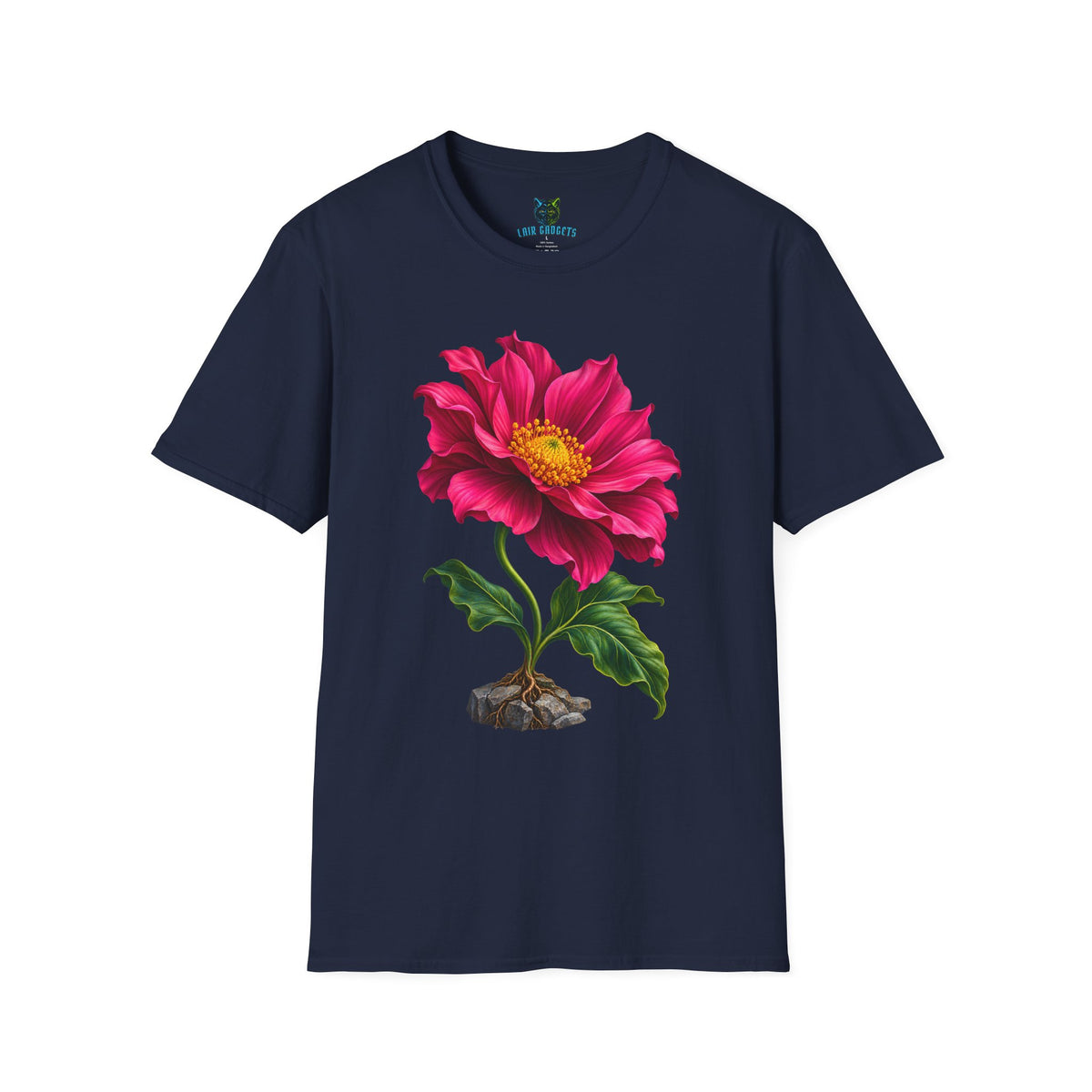 Navy t-shirt with pink flower growing from stone graphic