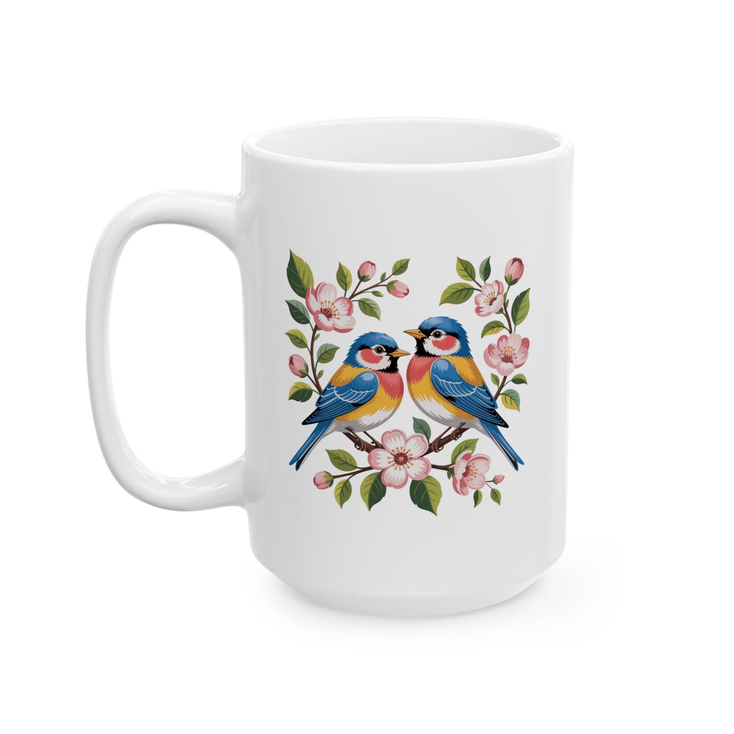 Bird Coffee Mug with Floral Illustration Design, Colorful Songbird Artwork, 15 oz White Ceramic Mug for Home or Office Use — by Lair Gadgets