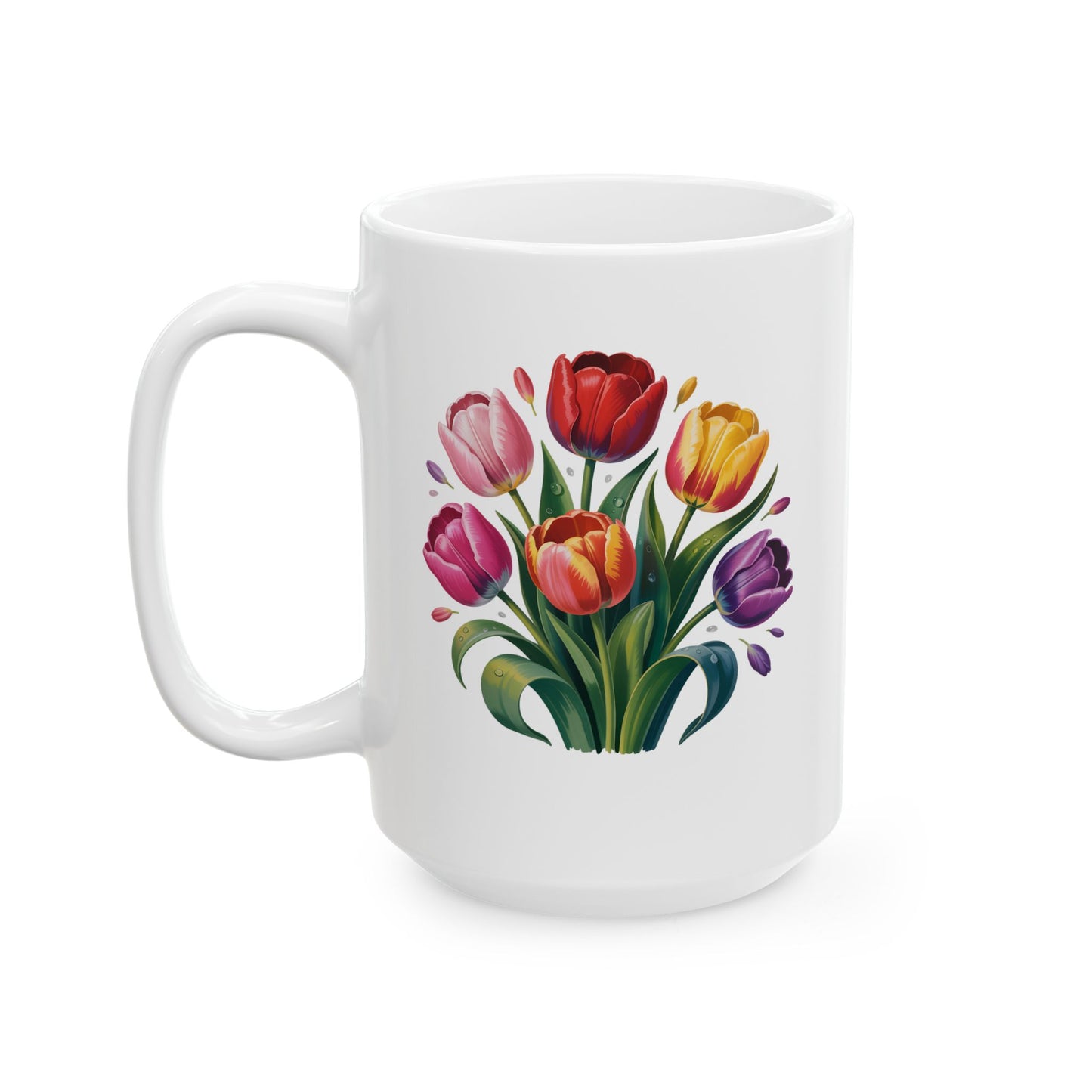 Floral Coffee Mug with Tulip Bouquet Design, Colorful Flower Artwork, 15 oz White Ceramic Mug for Home or Office Use — by Lair Gadgets