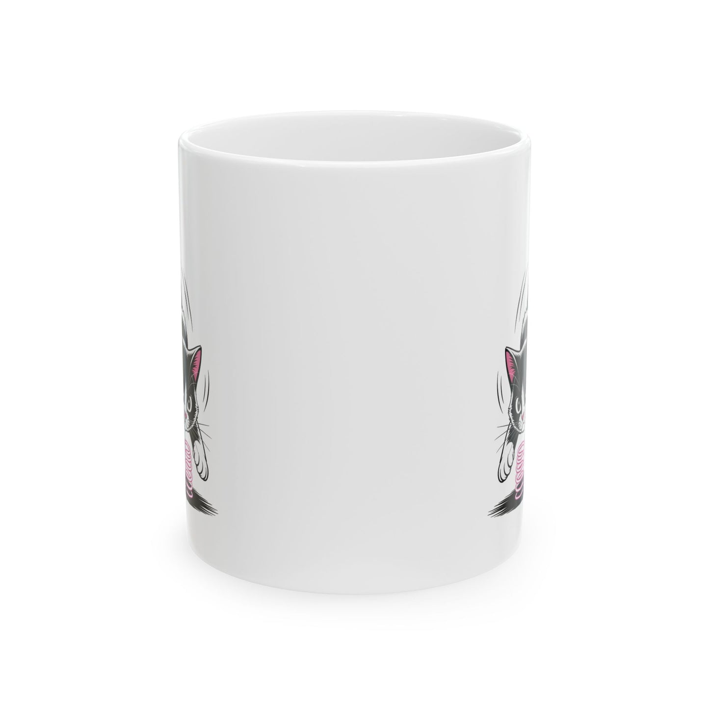 Cute Cat Coffee Mug Ceramic – Playful Tuxedo Kitten with Spring Toy Design – Cat Lover Gift
