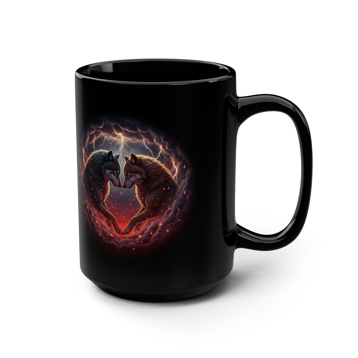 15oz Black Mug Fiery Cosmic Wolf Heart - Score 96