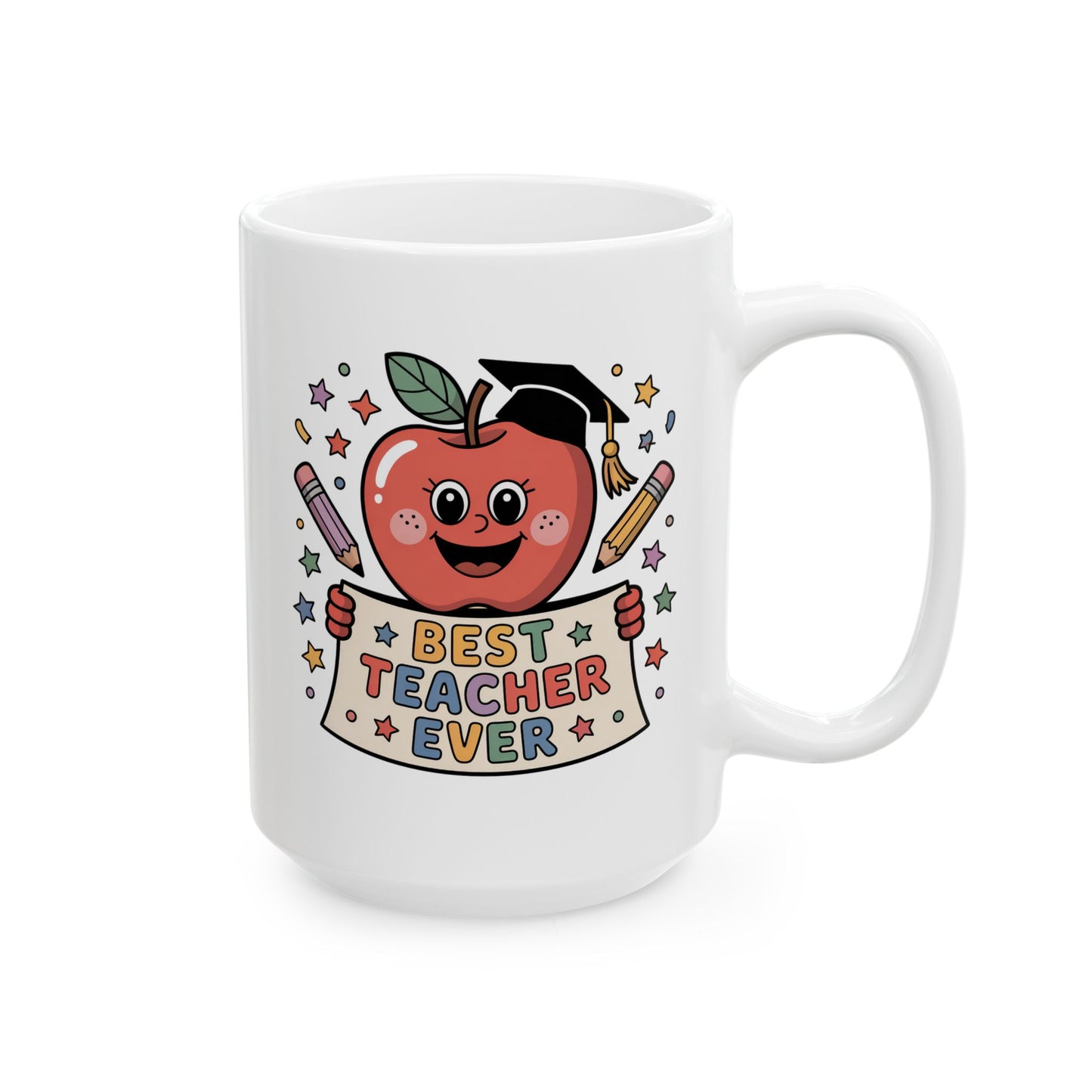 Best Teacher Ever Apple Character Coffee Mug 15 oz – Teacher Appreciation Gift Mug by Lair Gadgets