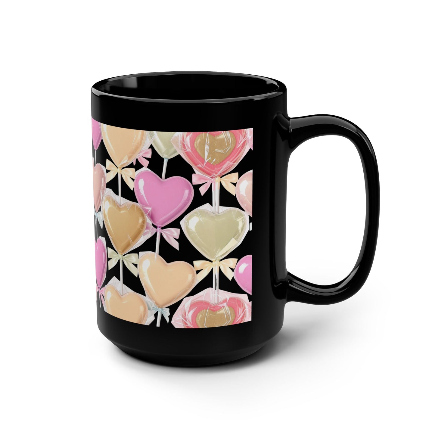 Heart Lollipop Pattern Black 15oz Mug — Score 90