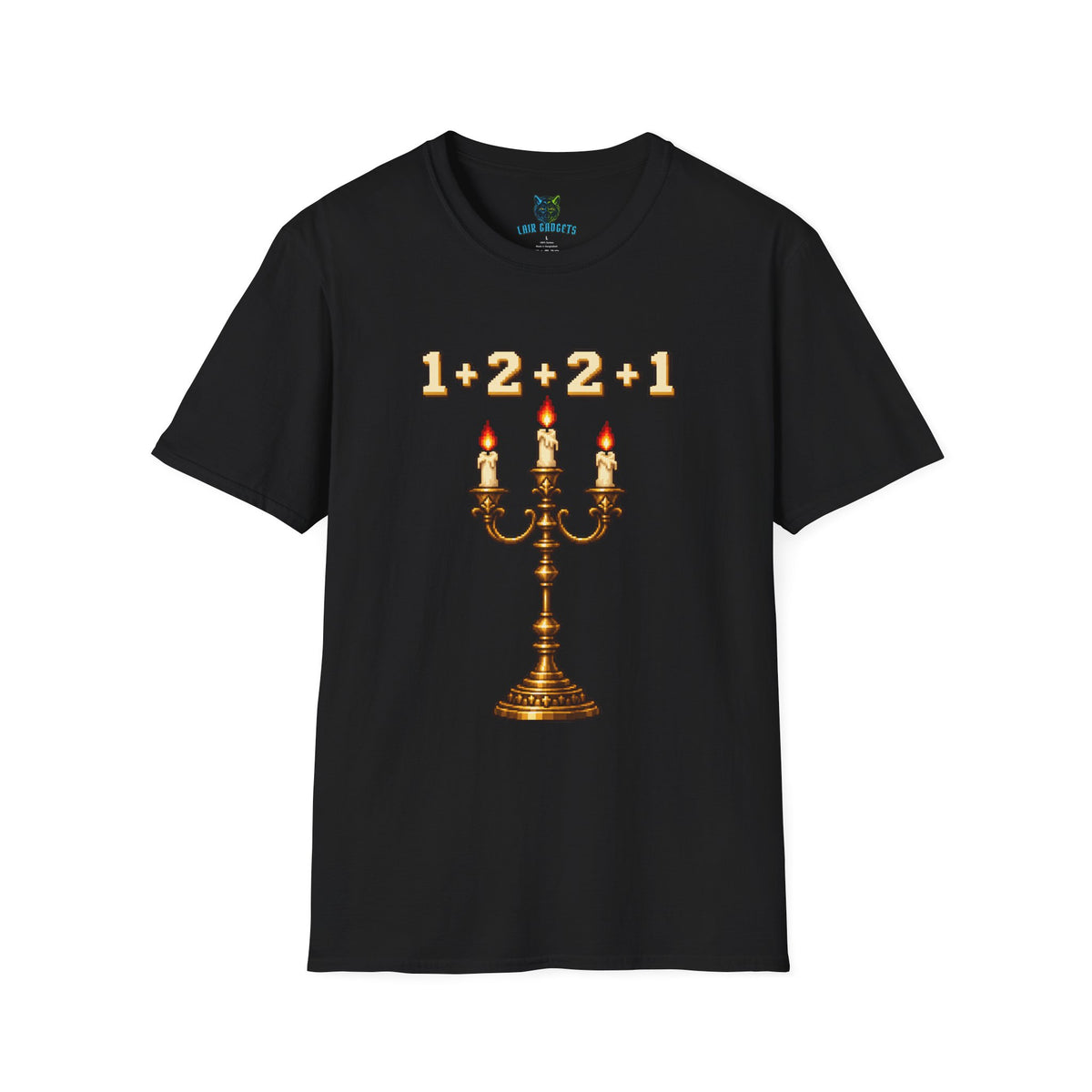 Black t-shirt with 1+2+2+1 pixel art candelabra graphic