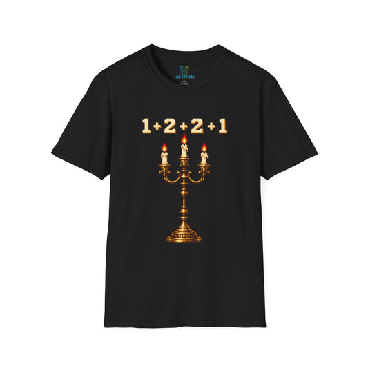 Black t-shirt with 1+2+2+1 pixel art candelabra graphic
