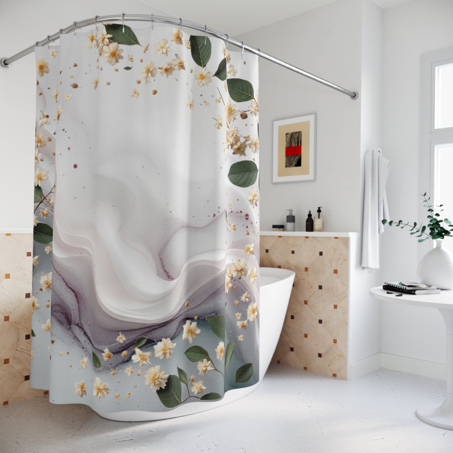 White Tea Flower Shower Curtain, Beautiful Botanical Print for Spa-Like Ambiance Shower Curtain