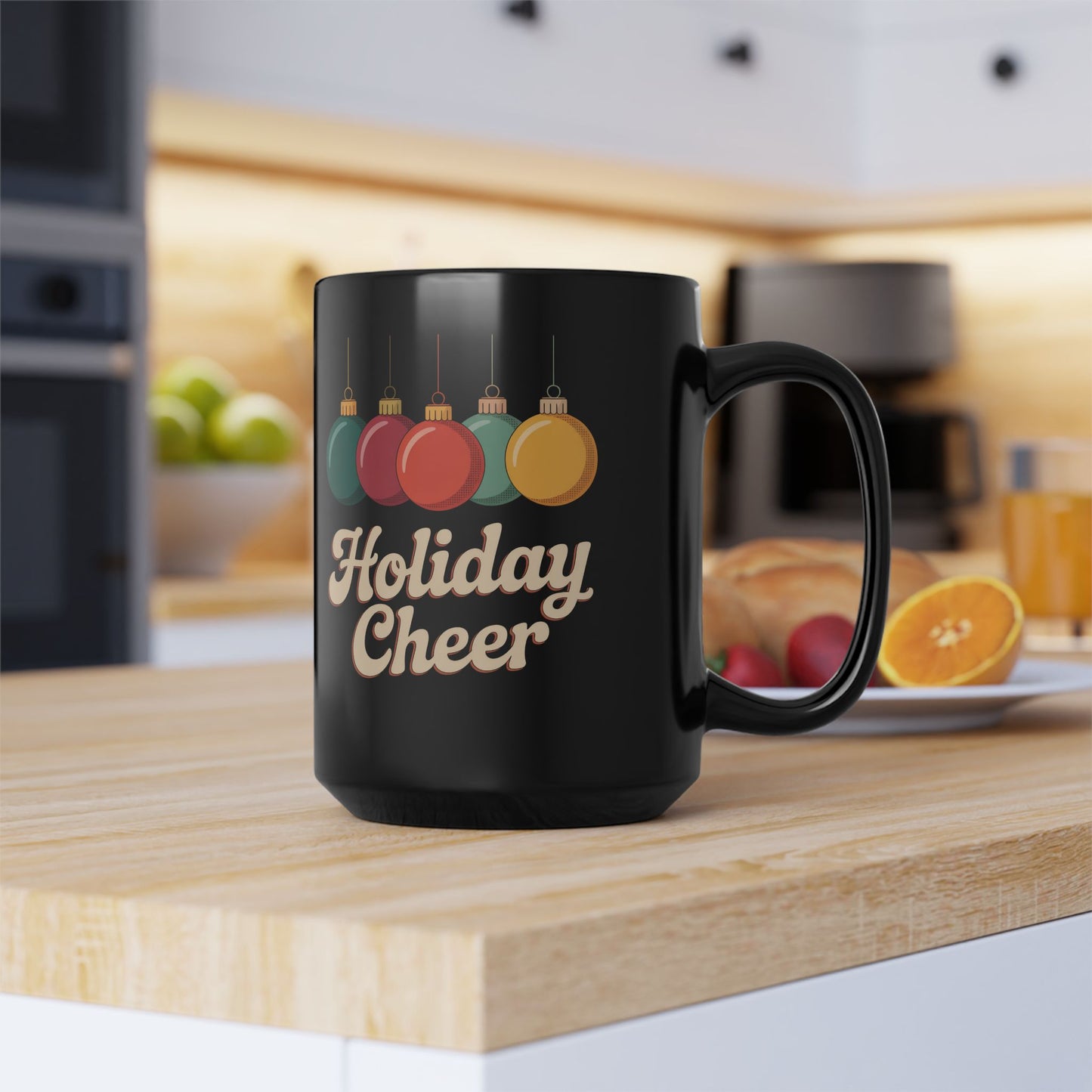 Black Holiday Cheer Mug - Perfect for festive coffee lovers, Christmas gift, cozy mornings, holiday parties, hot beverages