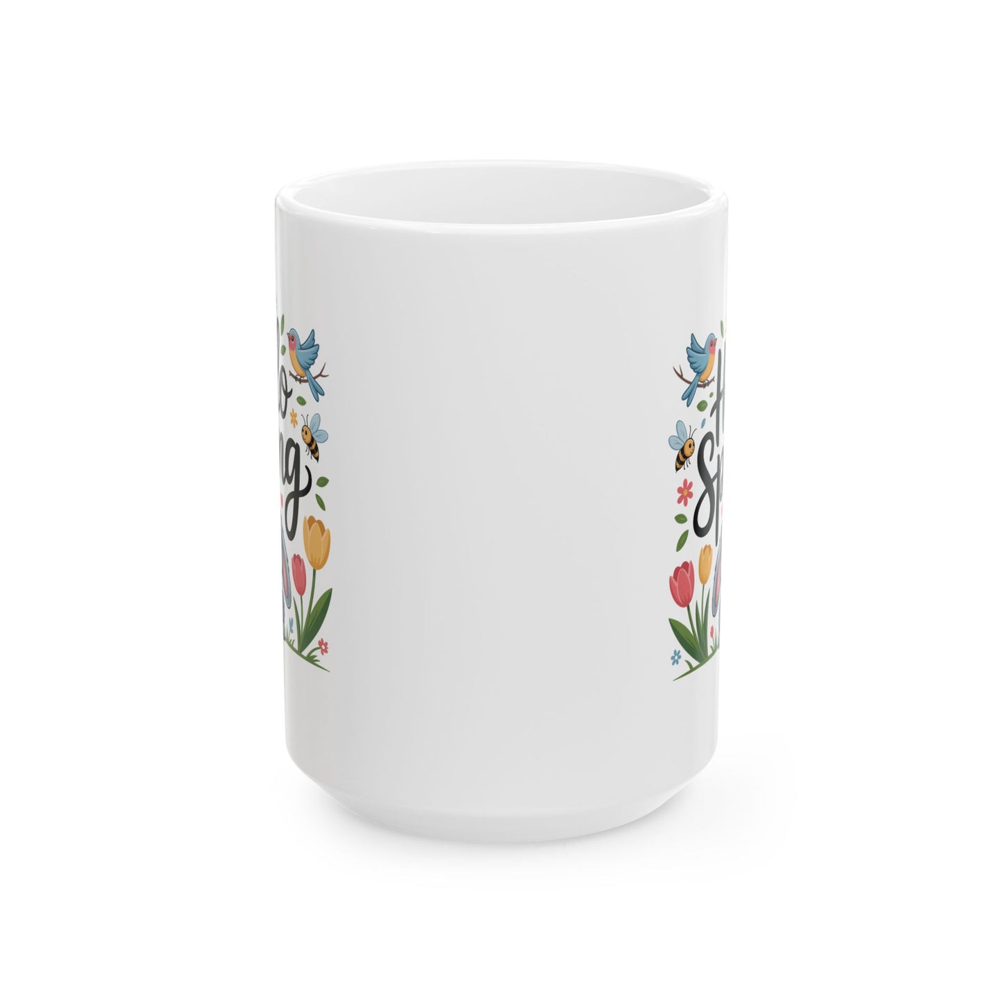 Spring Coffee Mug with Bunny and Garden Birds Design, White Ceramic 15 oz Mug, Easter and Seasonal Drinkware by Lair Gadgets
