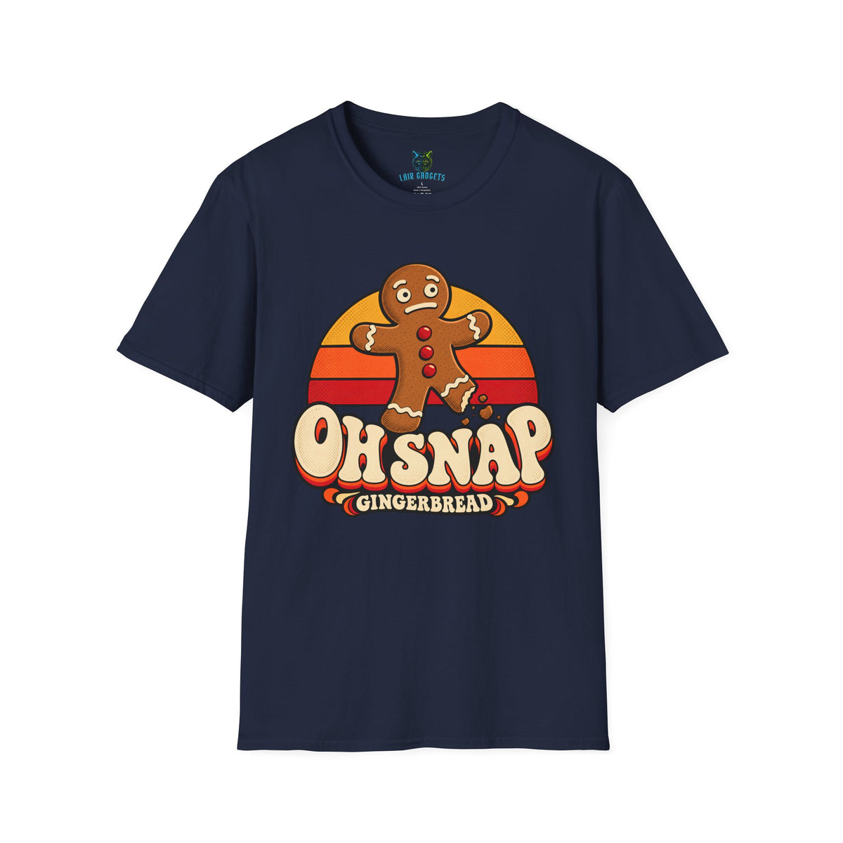 Snapped Gingerbread tee in Black: a worried gingerbread man with a bitten leg in front of a retro 70s sunset, Gingerbread in bubble letters