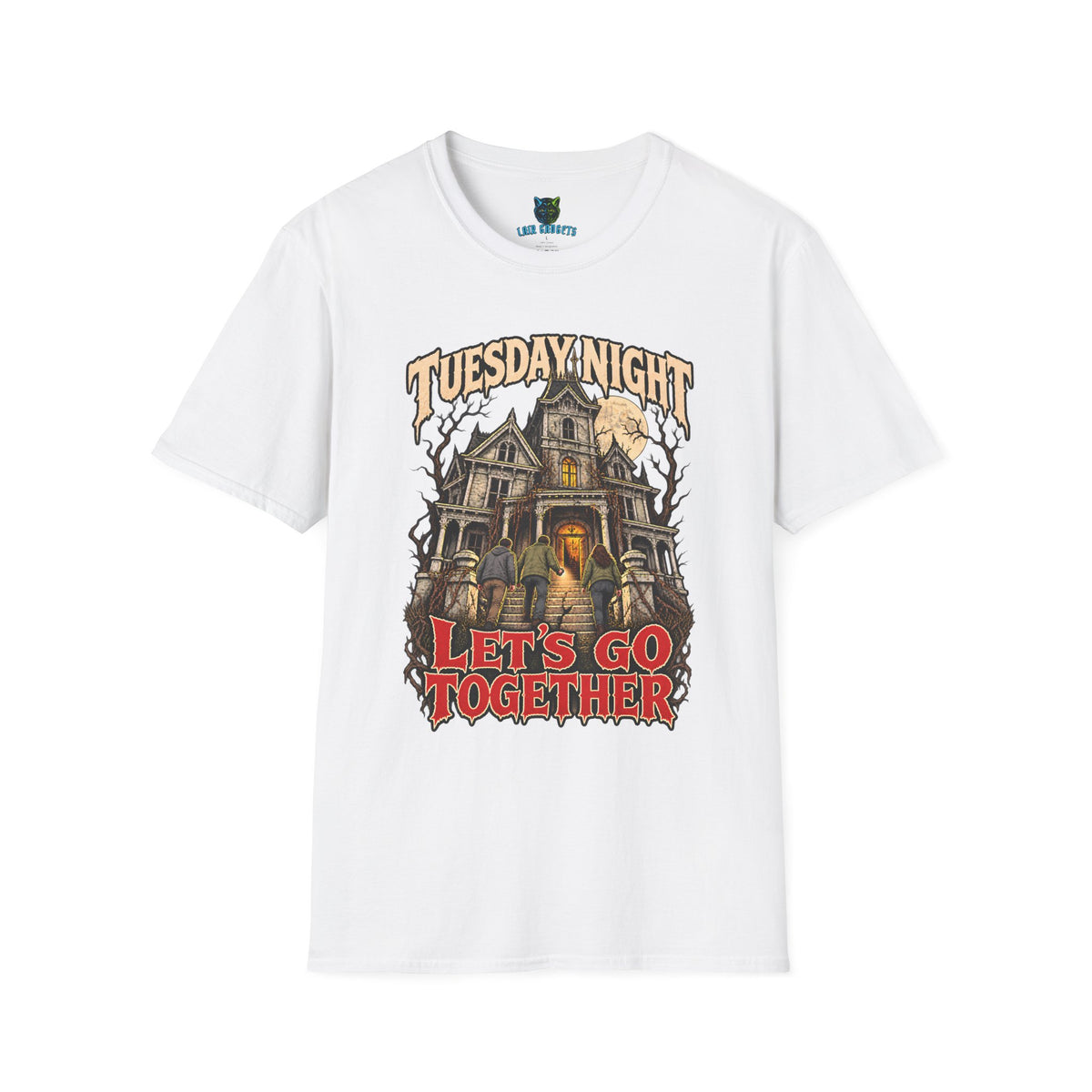 White t-shirt with Tuesday Night Let's Go Together haunted mansion horror graphic