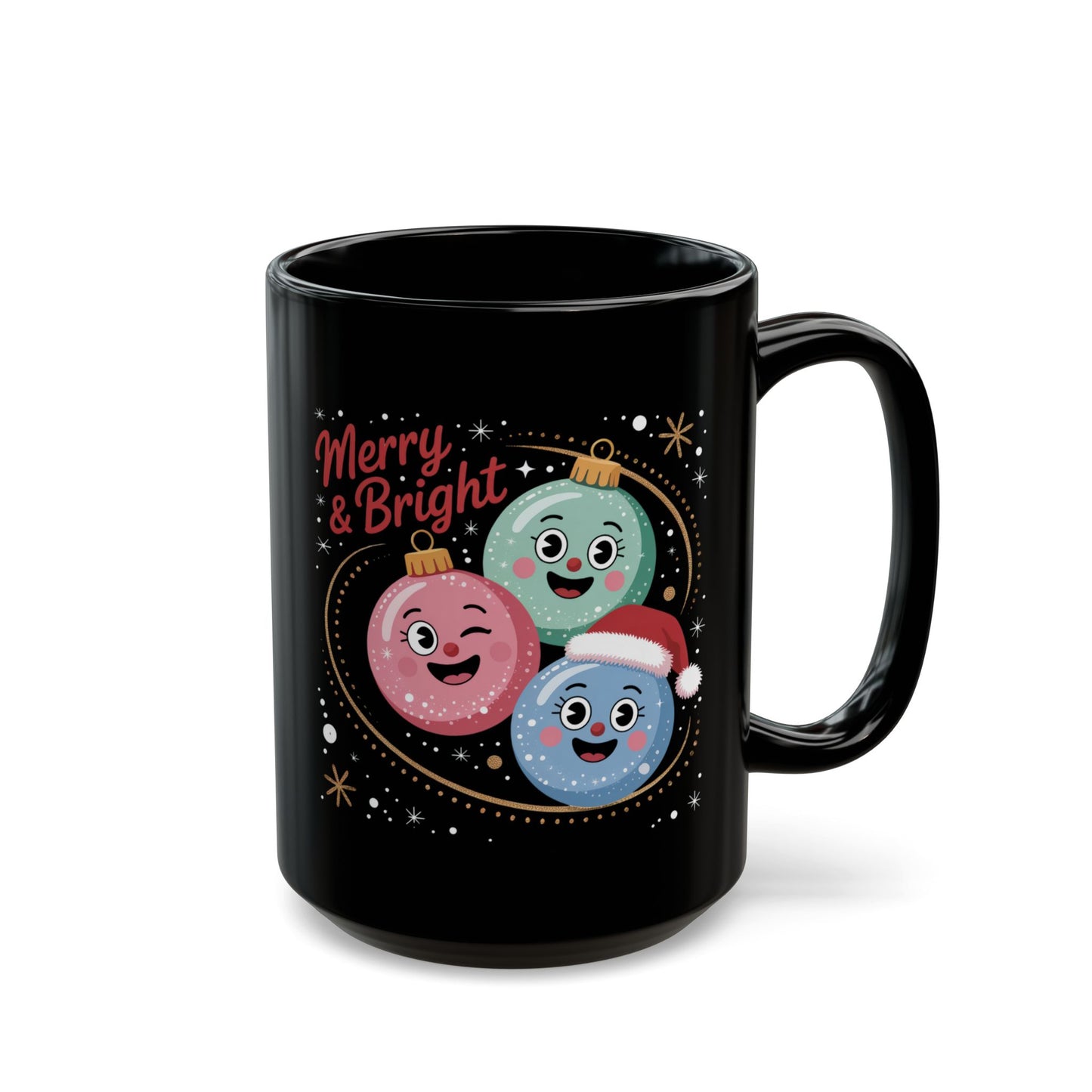 Merry & Bright Ornament Mug by Lair Gadgets – 15 oz Black Ceramic Coffee Cup with Festive Holiday Bauble Design