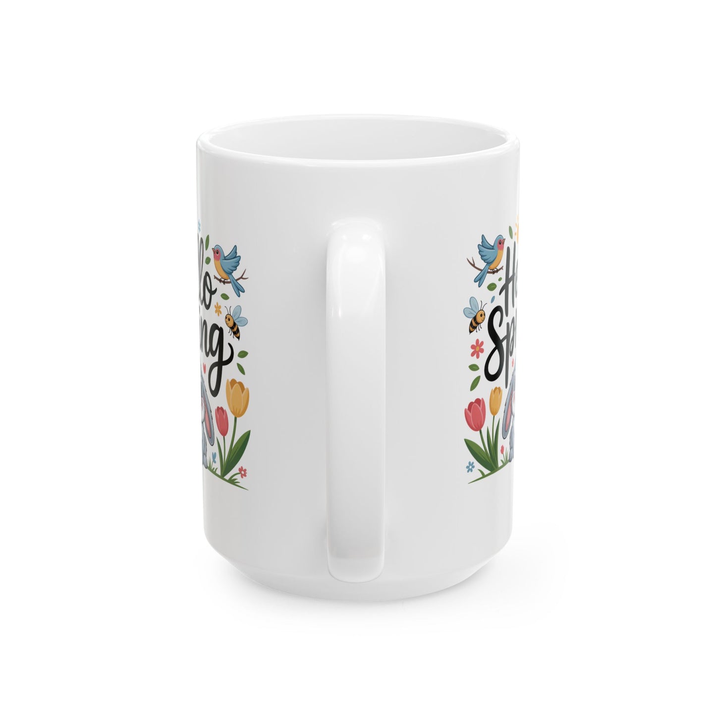 Spring Coffee Mug with Bunny and Garden Birds Design, White Ceramic 15 oz Mug, Easter and Seasonal Drinkware by Lair Gadgets