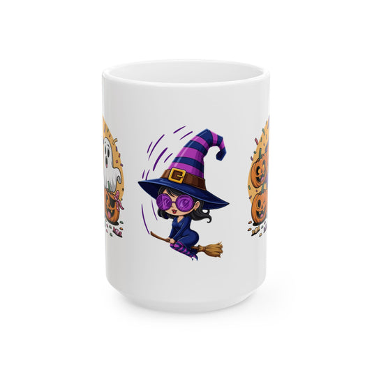 Halloween Mug, Cute Witch and Ghost Design, Perfect for Fall, Autumn, Halloween Decor, Ceramic Coffee Cup