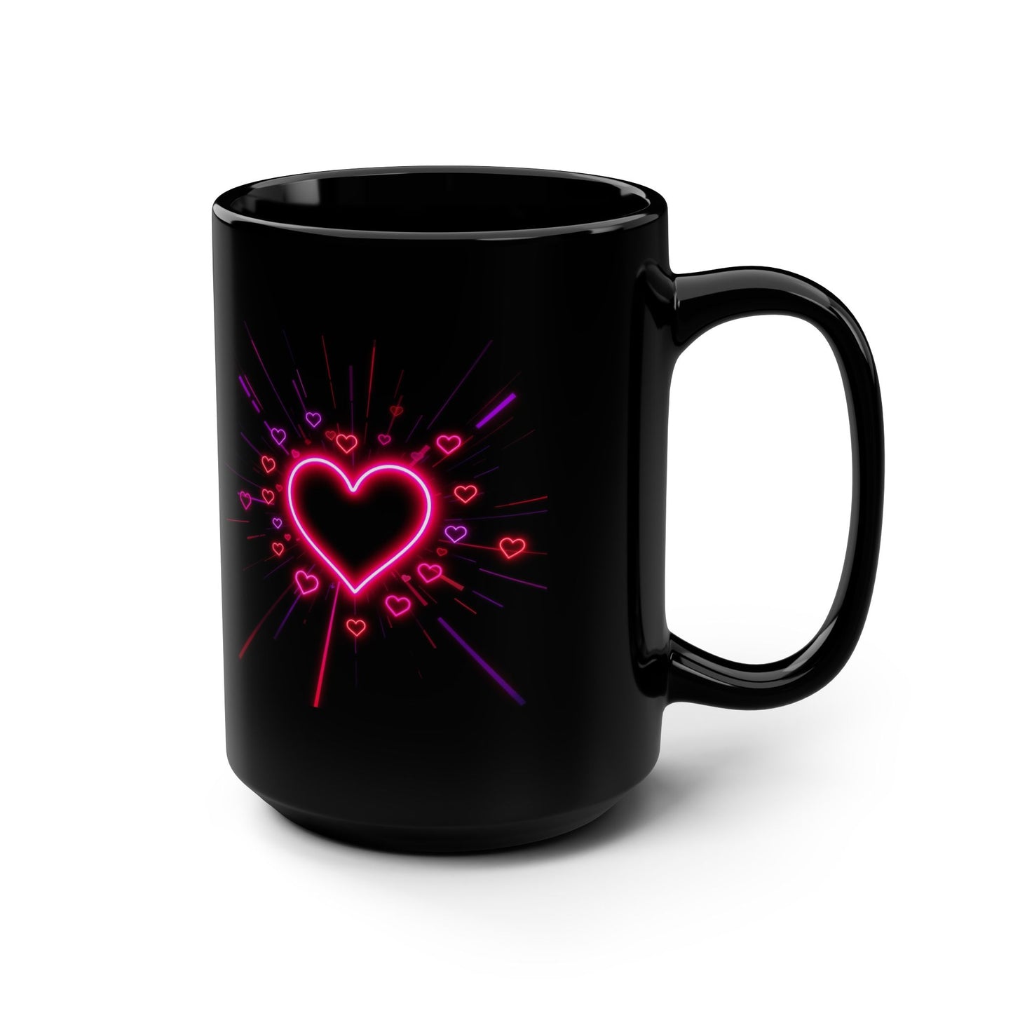 Neon Heart Black Mug — 15oz Romantic Coffee Cup- Score 86