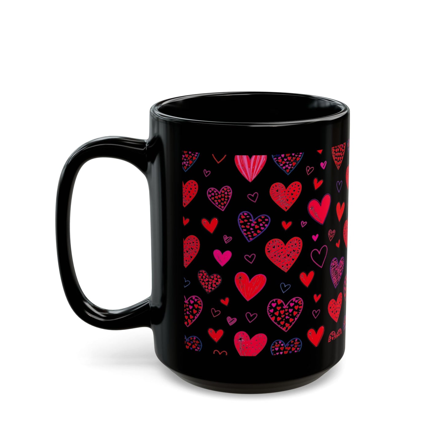 Heart Pattern Coffee Mug – Red and Pink Love Design on Black 15oz Ceramic Cup by Lair Gadgets Black Mug (15oz)