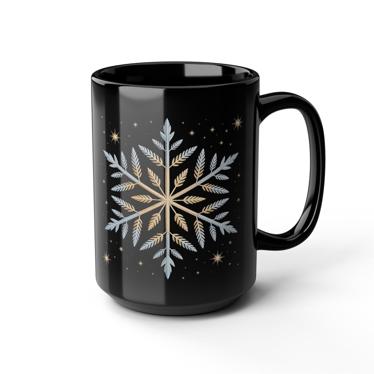 Gold and Silver Snowflake Coffee Mug – 15oz Black Ceramic