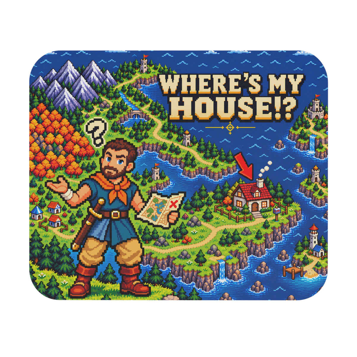 Where's My House pixel art mouse pad with a lost adventurer holding a map beside a 16-bit RPG overworld