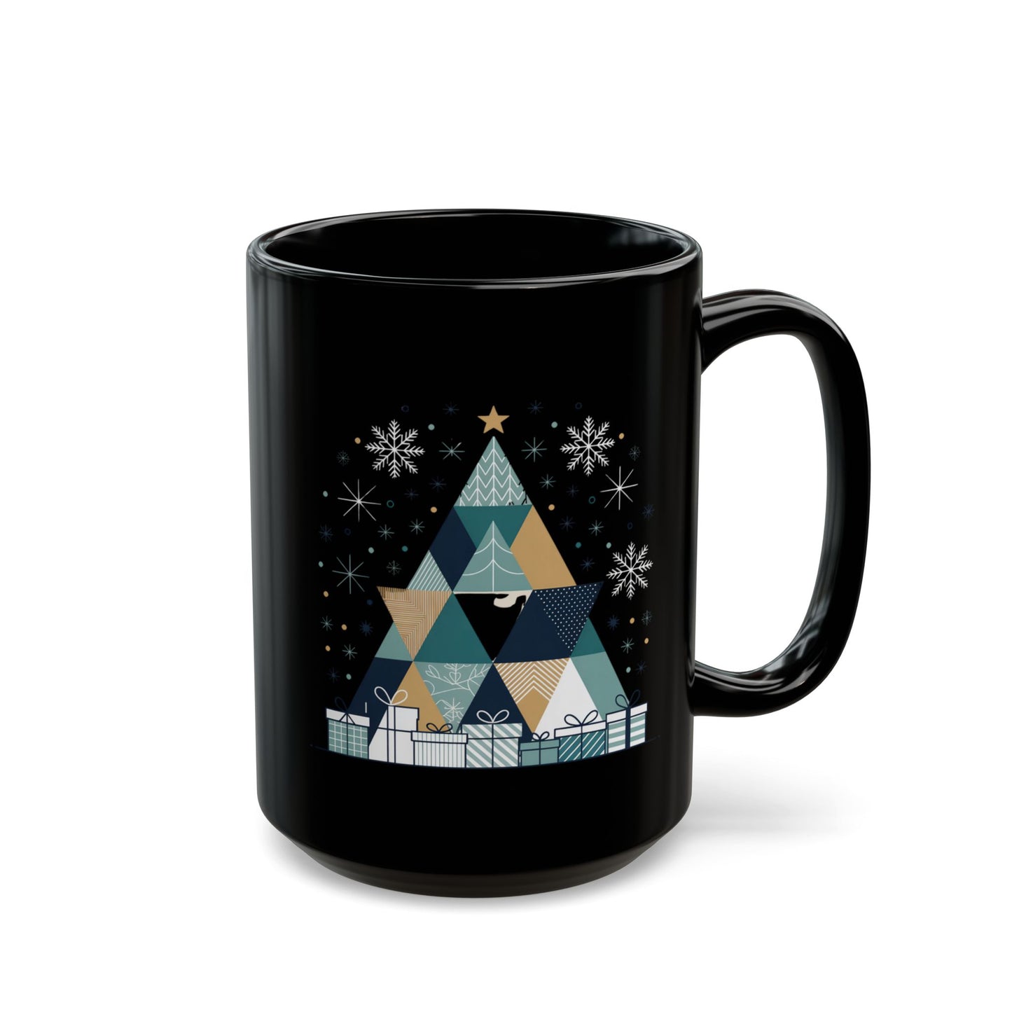 Geometric Holiday Tree Mug by Lair Gadgets – 15 oz Black Ceramic Coffee Cup with Modern Christmas Tree and Snowflake Design