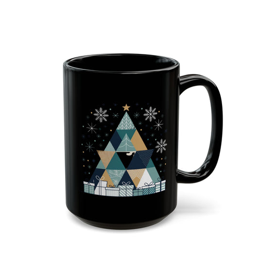 Geometric Holiday Tree Mug by Lair Gadgets – 15 oz Black Ceramic Coffee Cup with Modern Christmas Tree and Snowflake Design