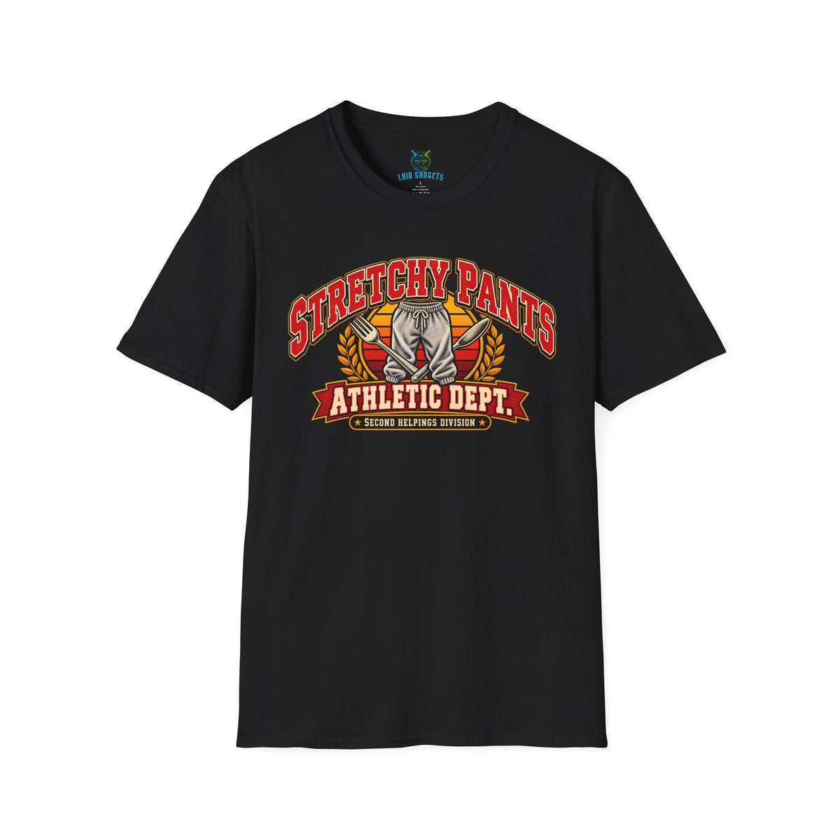Stretchy Pants Athletic Dept. funny Thanksgiving and Christmas varsity graphic tee in Black