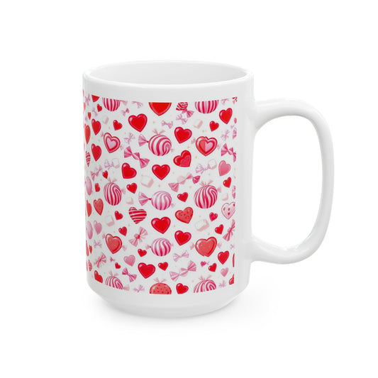 White Mug Red & Pink Heart Pattern Coffee Cup 15oz- Score 88