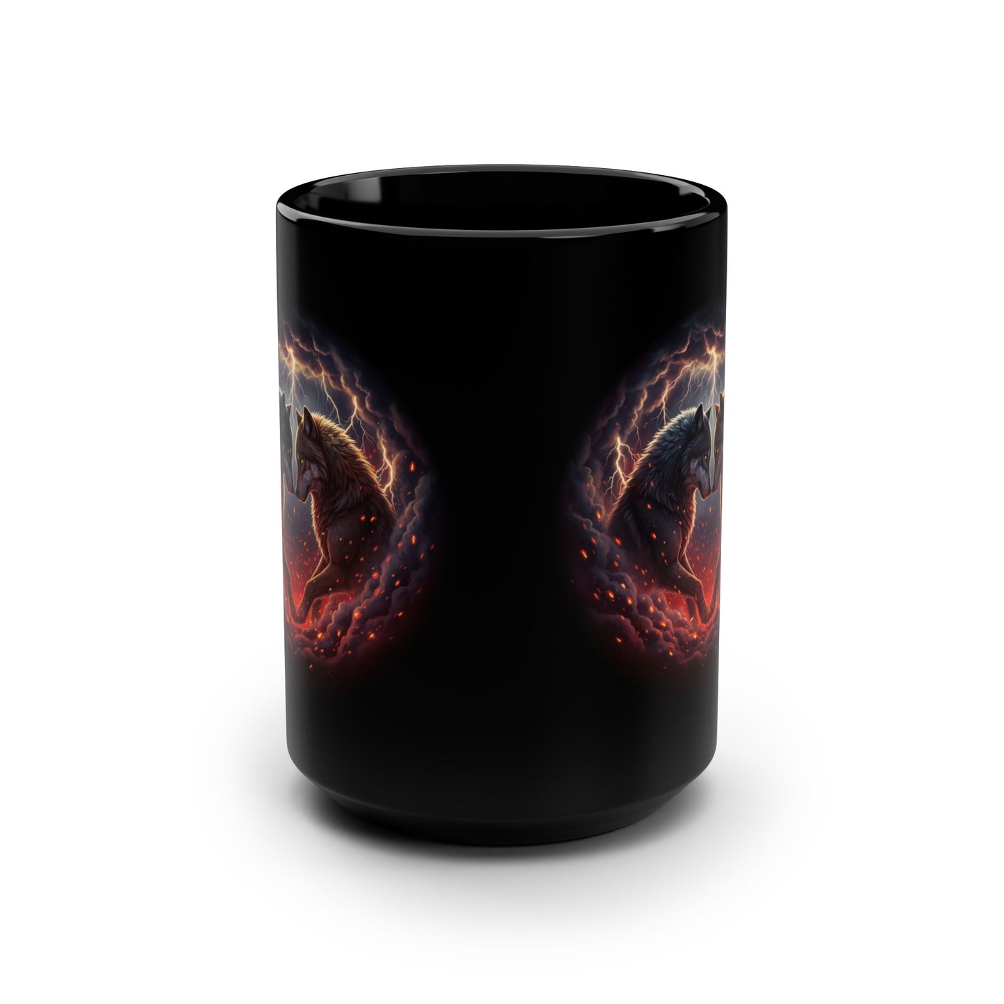 15oz Black Mug Fiery Cosmic Wolf Heart - Score 96