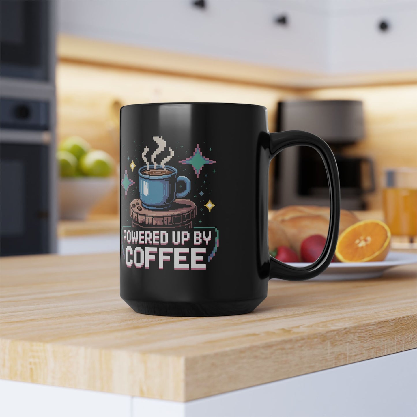 Coffee Lover's Black Mug, Powered Up by Coffee, Gift for Coffee Enthusiasts, Cozy Vibes, Fun Home Office Decor, Birthday Gift