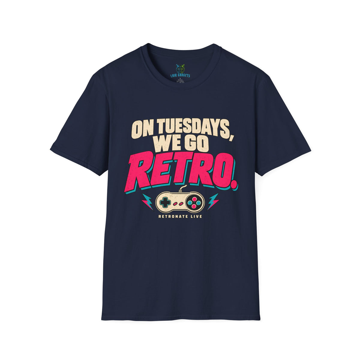 Navy t-shirt with On Tuesdays We Go Retro RetroNate game controller graphic