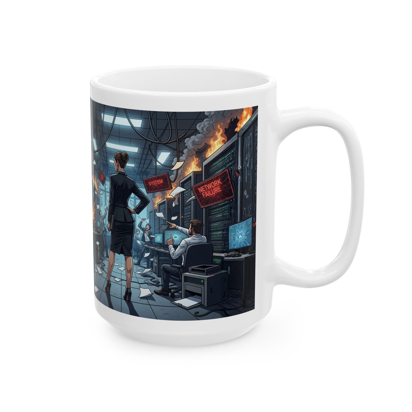 Calm Under Pressure Ceramic Mug — Female Executive in Control Room (15oz)