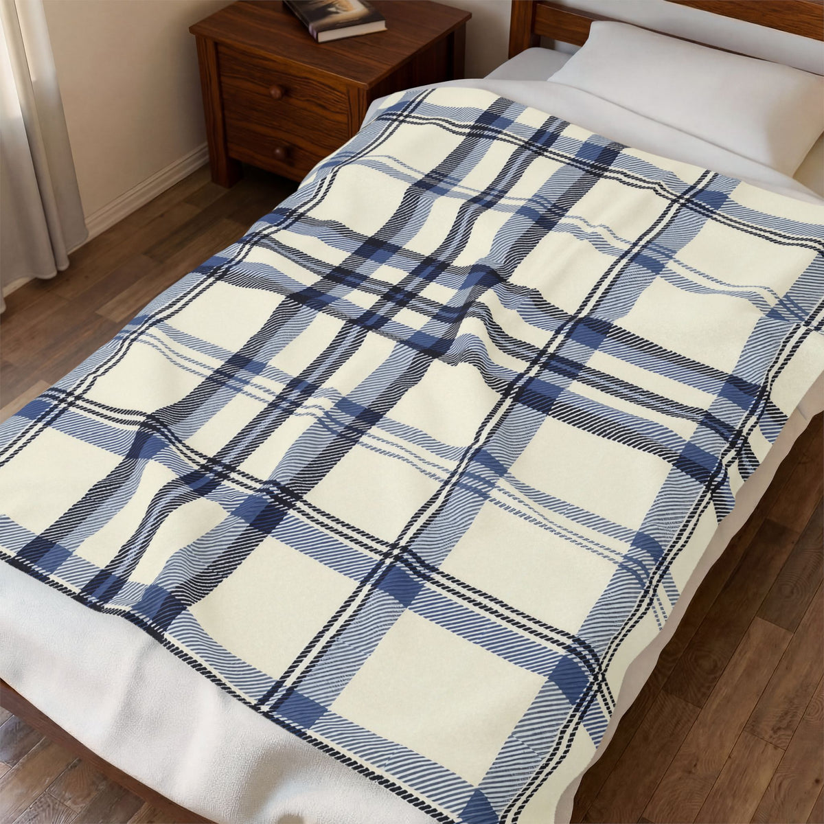 Blue Plaid Plush Throw Blanket – Navy Velveteen Throw, 50 x 60 in