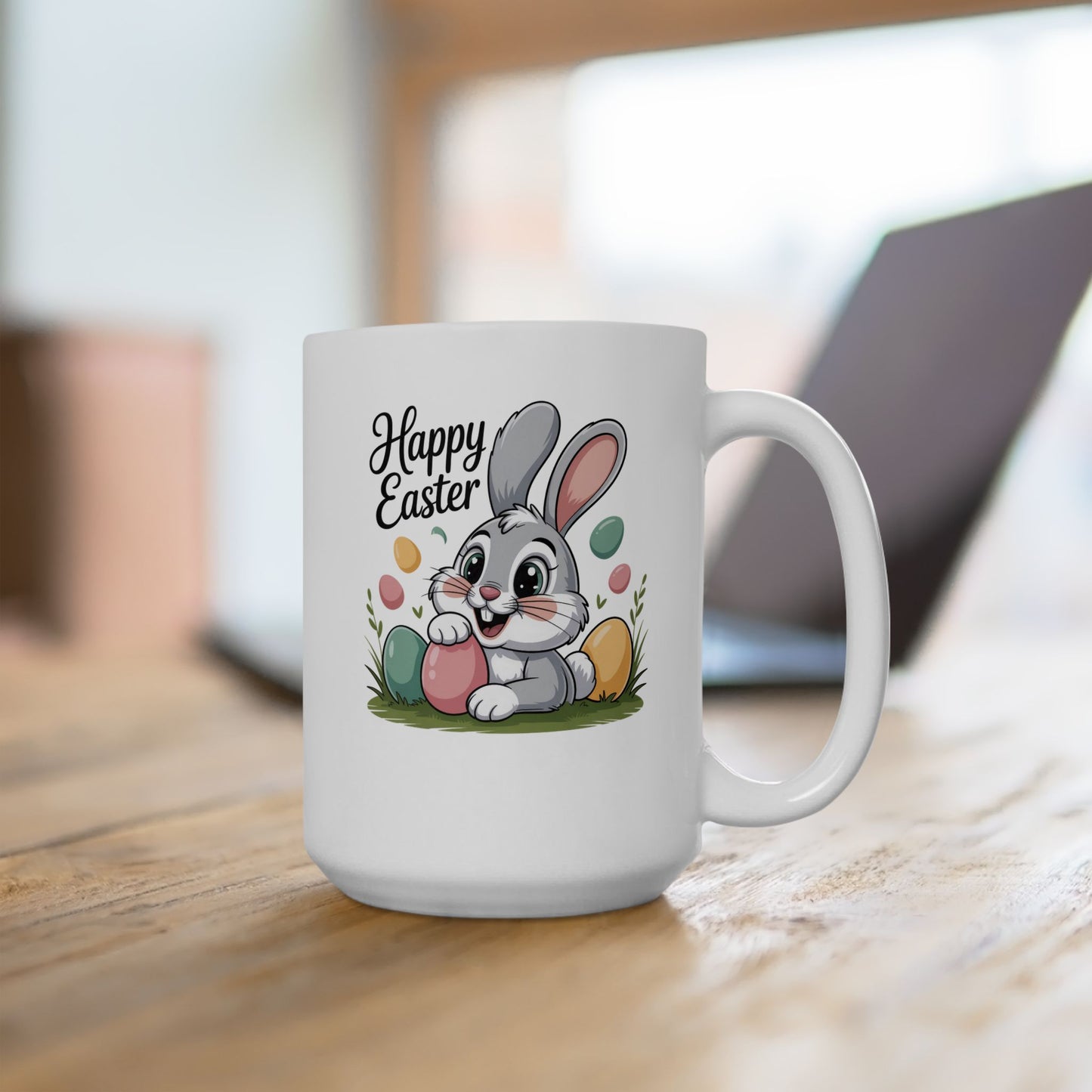 Easter Bunny & Eggs Ceramic Mug — "Happy Easter" Spring Coffee Cup (11oz/15oz)