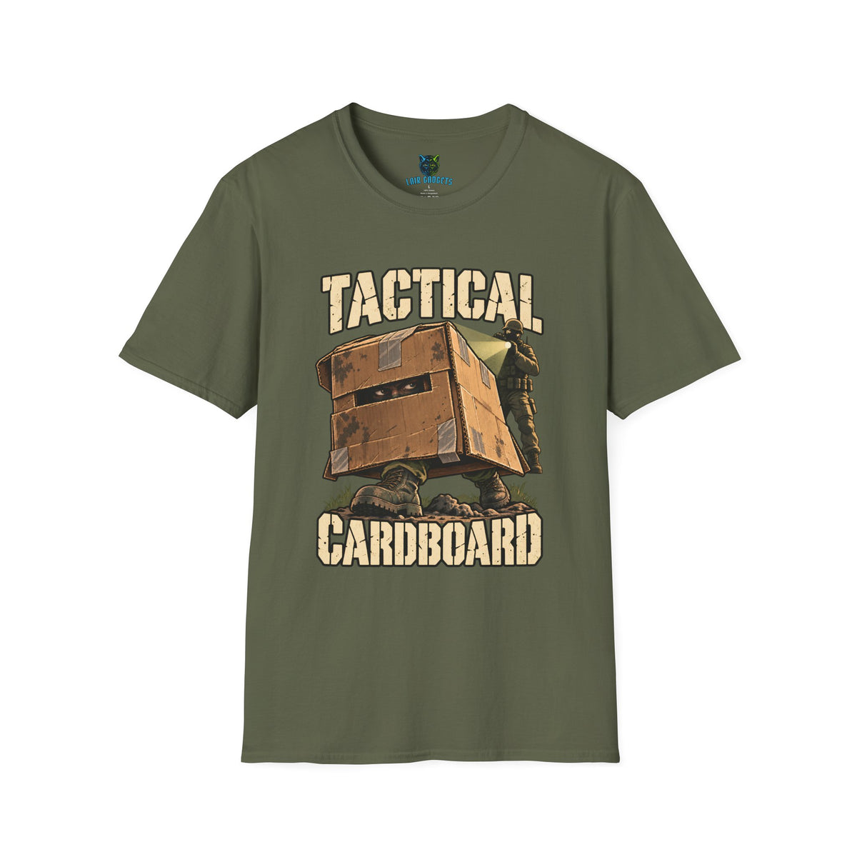 Military green t-shirt with Tactical Cardboard soldier in a cardboard box graphic