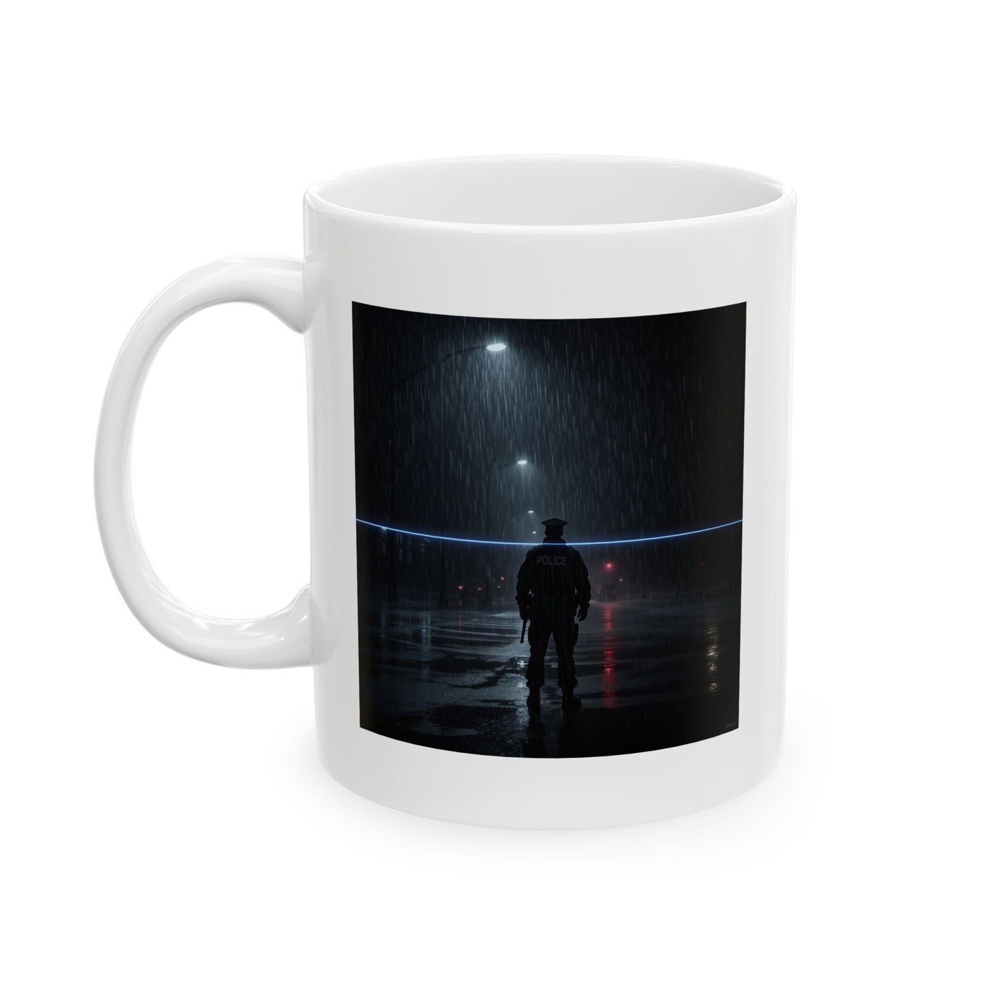 Silent Watch Police Mug – Storm Response Series – 11oz Black Ceramic Mug with Double-Sided Rain Silhouette and Thin Blue Line Art – Lair Gadgets Law Enforcement Gift