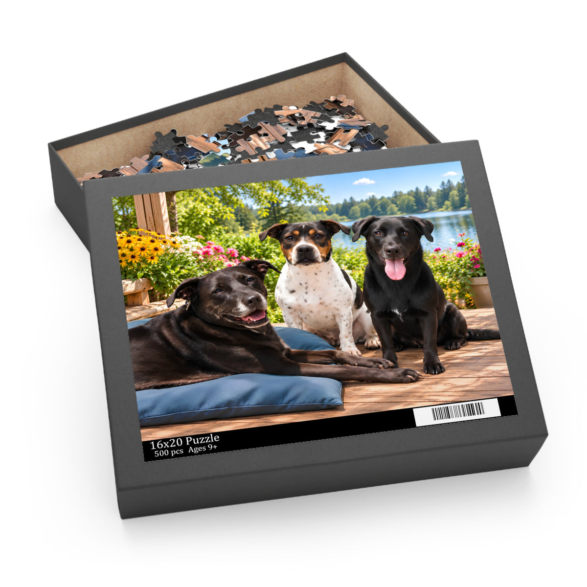 Lakeside Trio 500 piece dog jigsaw puzzle, 20x16 inches, alternate view